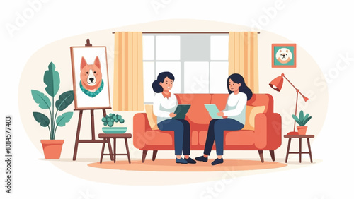 Two women discuss artwork of a dog on an easel in a cozy room