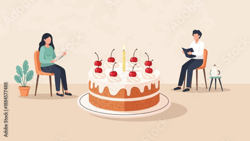 Two people reading books next to a birthday cake with cherries and a single candle