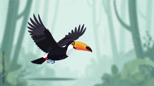 Toucan in flight through a muted green forest