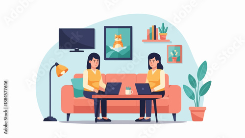 Two women work on laptops at home near a couch and TV