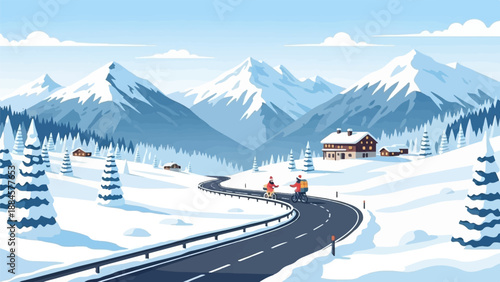 Snowy mountain road with cyclists and chalets under a winter sky