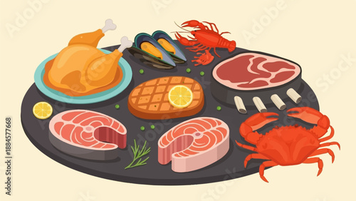 Variety of raw meats and seafood arranged on a dark platter
