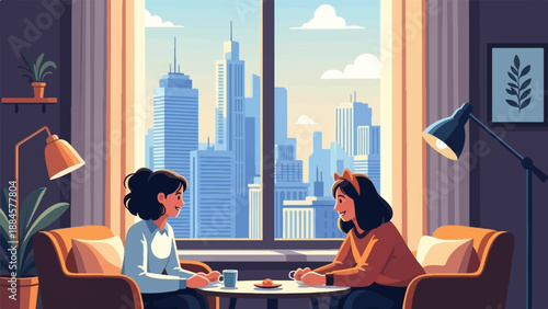 Two women sit in armchairs talking, overlooking a cityscape