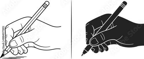 Hand holding pencil drawing illustration, writing gesture concept, black white sketch style, creative education symbol, human hand outline art