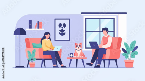 Two people and a dog work on laptops in a cozy room