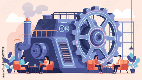 People relax in armchairs in front of a large industrial gear