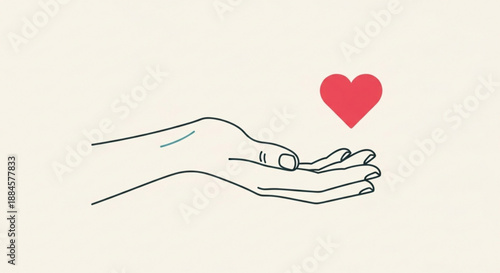 Open hand offering red heart symbolizing love and care in a simple line drawing