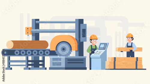 Two workers process lumber using a conveyor belt and industrial saw