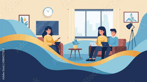 Three people working on laptops and tablets in a modern living room