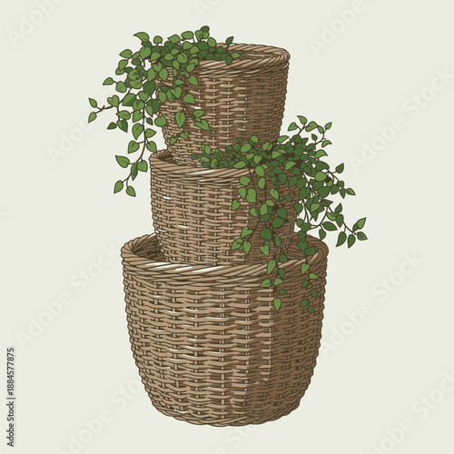 Natural Texture Vector Drawing of Vertical Tiered Planter Made of Woven Wicker Baskets