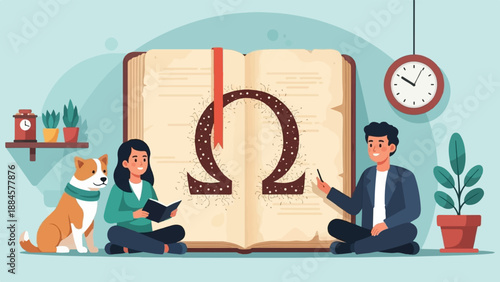 People and dog learning from a large book with a prominent symbol