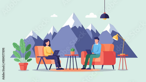 Two people work remotely with laptops, seated on couches