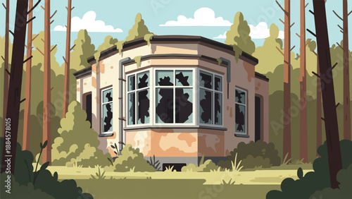 Overgrown abandoned house with broken windows in a dense forest