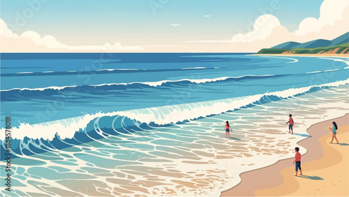 Pixelated ocean waves crash on a sandy beach with people enjoying the water