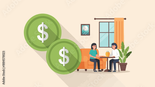 Two people sit at a table with money symbols in the foreground