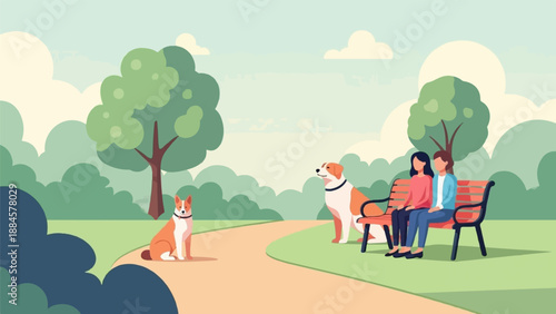Two women and two dogs relax in a park with trees and a path
