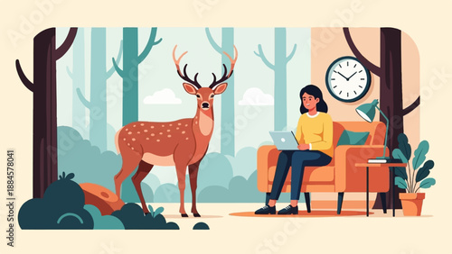 Woman works on laptop in cozy room as deer stands in forest background