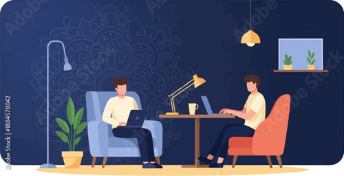 Two people working on laptops in a modern, minimalist room with plants and a mandala