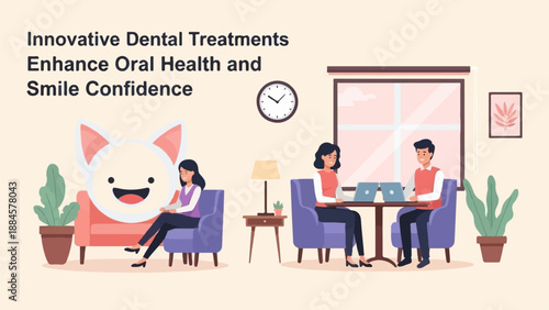 People engage in remote work, indoor setting, smiling with laptops, dental theme