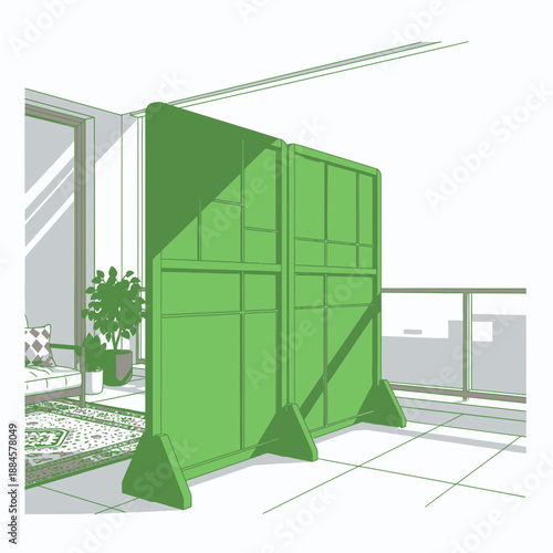 Vector Graphic of Green Screen Partition Rack Separating Two Areas of Balcony