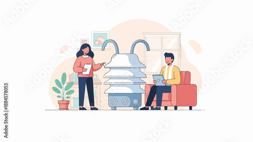 People working near a large weather instrument inside a building