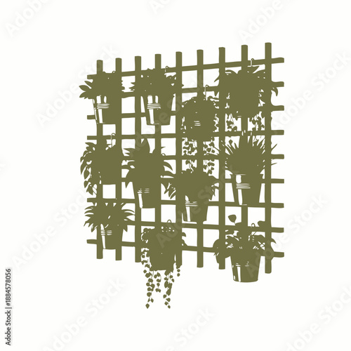 Isolated Vector Graphic of Hanging Vertical Garden Made of Wooden Trellis with Buckets