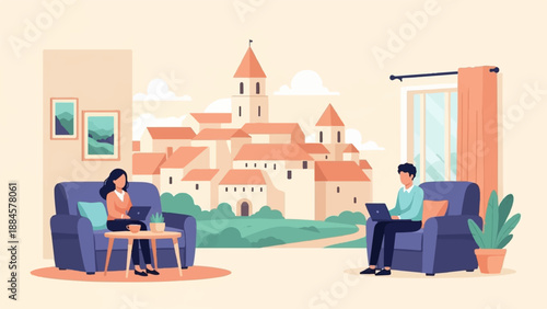 Two people work on laptops at home, with a picturesque village view