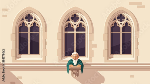 Old man in a teal robe peers from a stone building with arched windows