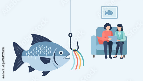 Two people on a couch look at a tablet while a fish is tempted by a fishing hook