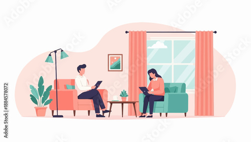Two people sit in comfortable chairs, engaged with tablets in a cozy living room