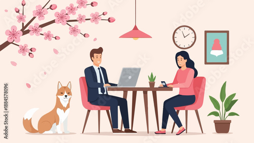 People working remotely with a dog and cherry blossoms