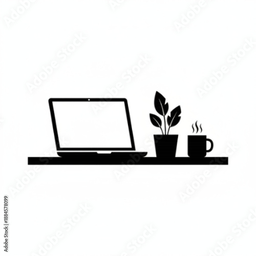 Minimalist Desk Setup with Laptop, Plant, and Coffee Mug