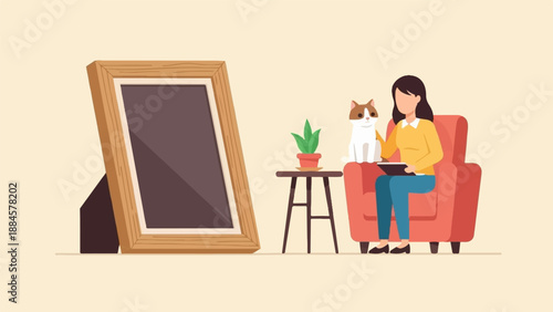 Woman and cat relaxing indoors next to framed picture