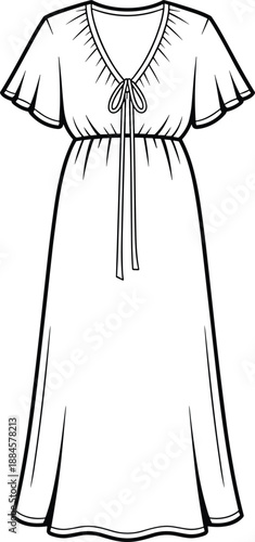 Fashion Flat Sketch of a Flowy Maxi Dress with V- Neck and Tie Closure drawing illustration