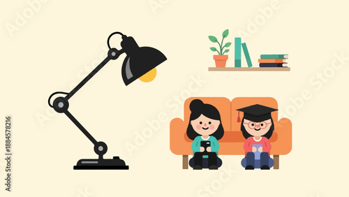 Two students study on a couch with books, a lamp and a plant