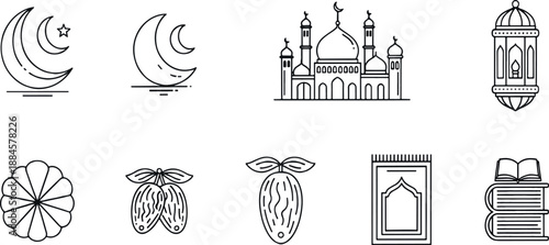 Print  Minimalist Islamic and Ramadan Line Icon Set Featuring Mosque Crescent Moon Lantern and Dates Symbols