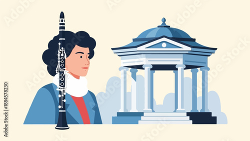 Musician with clarinet and classical building in background