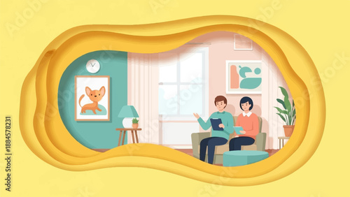 Two people sit on sofas in a living room, discussing something over a tablet