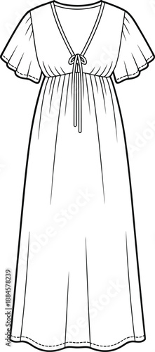 Fashion Flat Sketch of a Long Sleeve Maxi Dress with V- Neck and Tie Detail drawing illustration