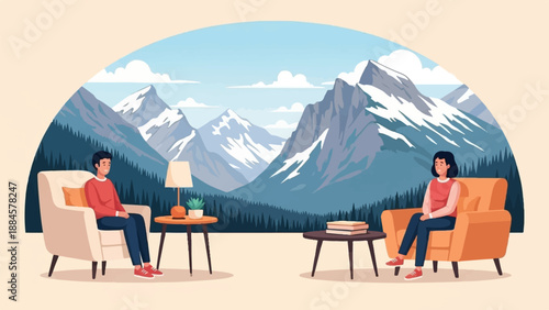 Two people relax in cozy chairs with a stunning mountain vista behind them