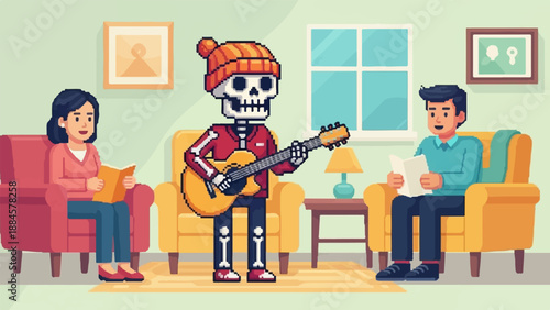 Pixel art scene of a skeleton playing guitar for two people reading