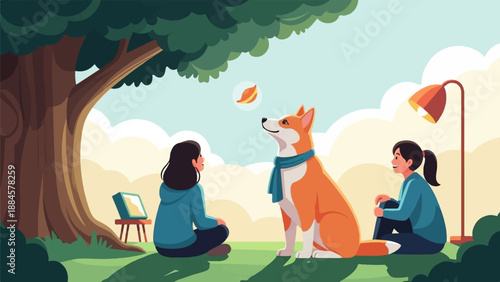 Two people and dog relax under a tree with a fallen leaf and lamp
