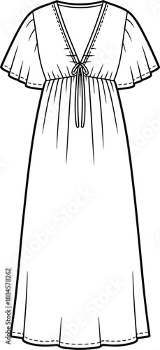 Fashion Flat Sketch of a Long Sleeve Maxi Dress with V- Neck and Decorative Stitching drawing illustration