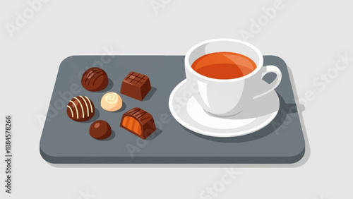 Tray with assorted chocolates and a cup of tea