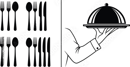 Restaurant server hand holding food platter with dome cover, set of forks spoons and knives cutlery silhouettes, dining service vector illustration, isolated