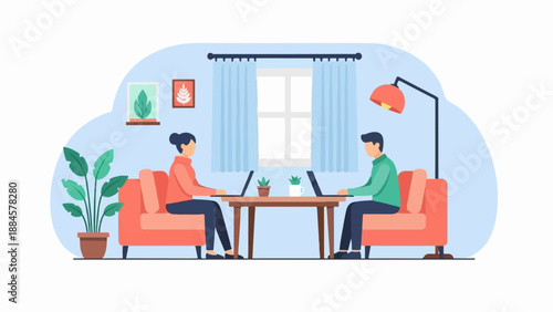 Two people working on laptops from home, seated on sofas, near a window