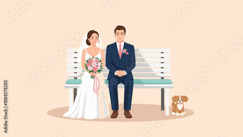 Newlywed couple and dog sit on a bench