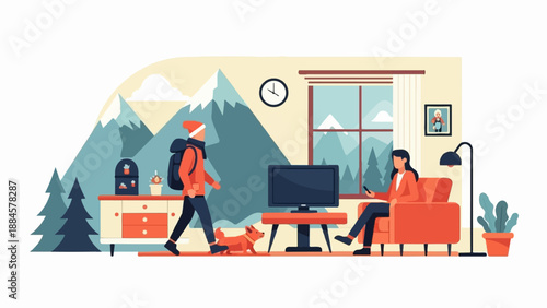 Person with backpack walks past dog as person sits on couch using phone