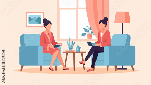Two women in bathrobes talk while sitting in blue chairs indoors