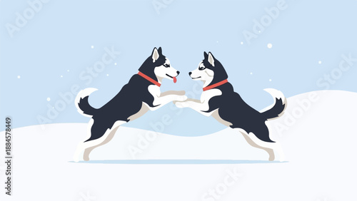 Two playful huskies leaping and touching paws in a snowy landscape